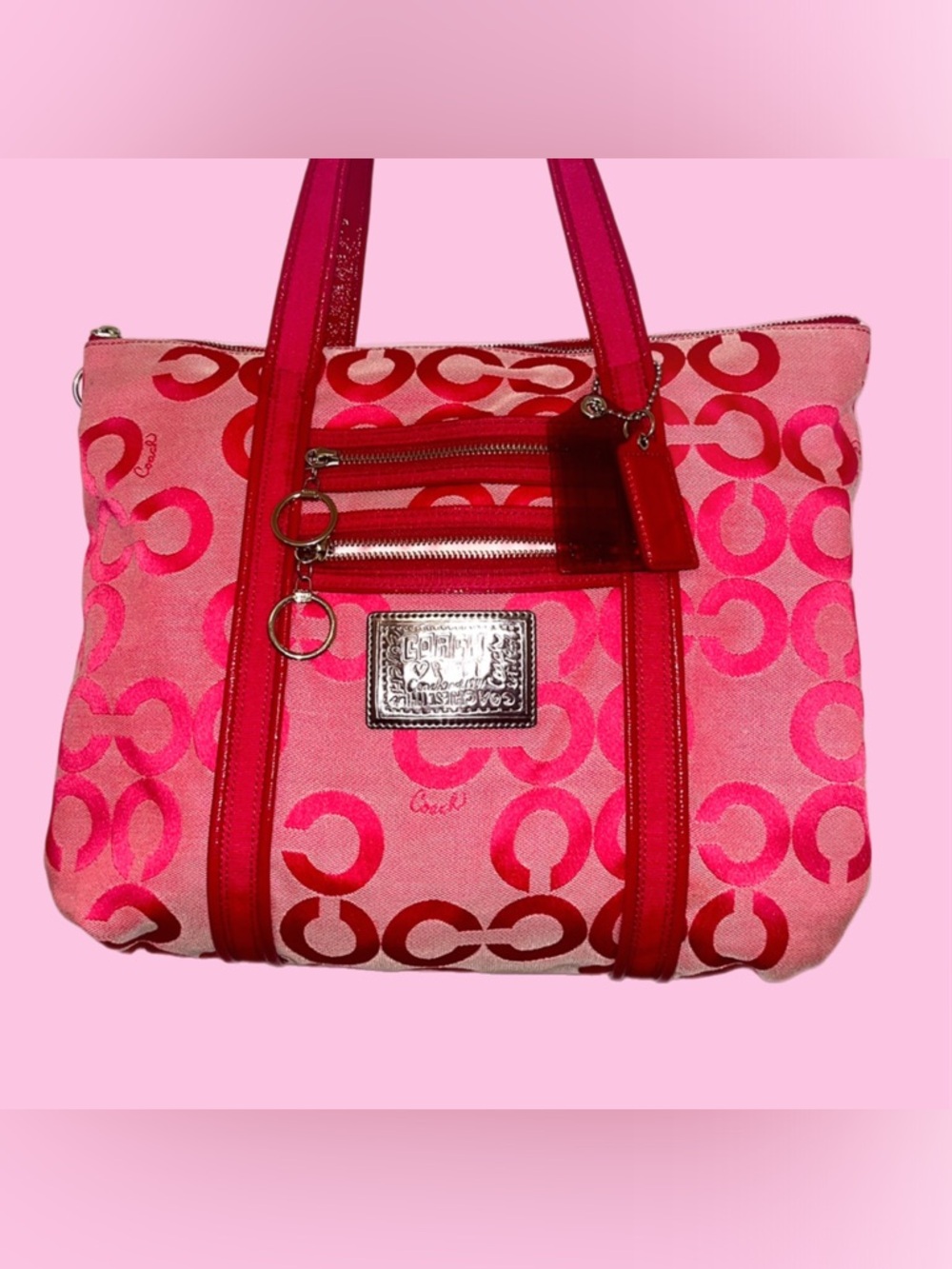 Coach Poppy Fuchsia and Pink Blocked Op Art Glam Tote w/COA